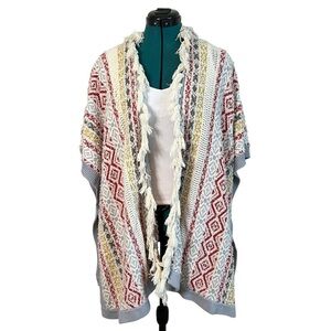 CAbi Red Yellow and Gray Fringe Geographic Knit Poncho Sweater Kimono